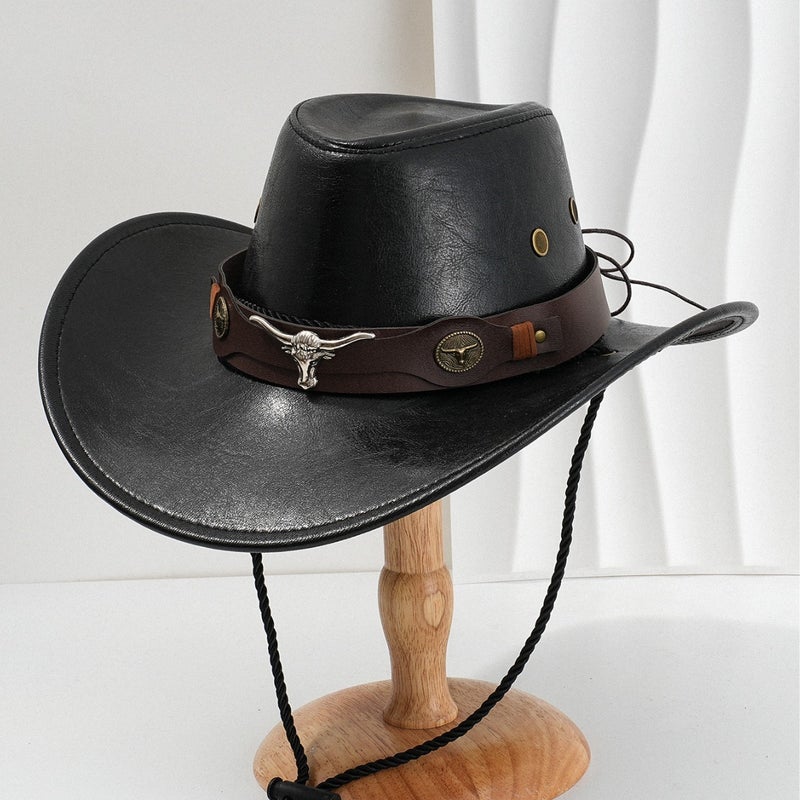 Men'S And Women'S Western Pu Leather Cowboy Hat Fashion Metal Three-Dimensional Cow'S Head Retro Curved Leather Belt For Competitive Performance - Image 5