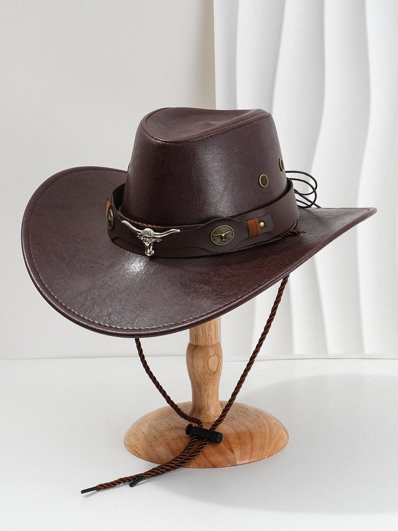 Men'S And Women'S Western Pu Leather Cowboy Hat Fashion Metal Three-Dimensional Cow'S Head Retro Curved Leather Belt For Competitive Performance - Image 1