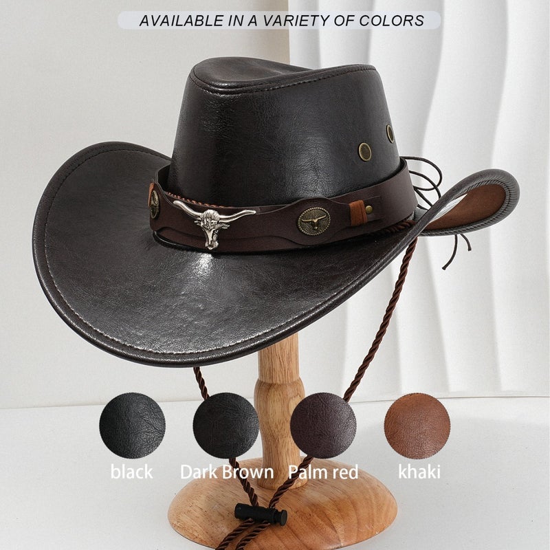 Men'S And Women'S Western Pu Leather Cowboy Hat Fashion Metal Three-Dimensional Cow'S Head Retro Curved Leather Belt For Competitive Performance - Image 2