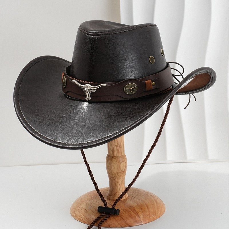 Men'S And Women'S Western Pu Leather Cowboy Hat Fashion Metal Three-Dimensional Cow'S Head Retro Curved Leather Belt For Competitive Performance - Image 3