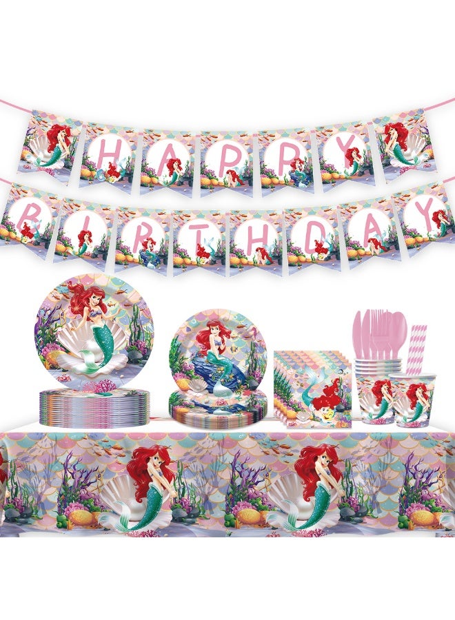 Little Mermaid Party Decorations for 10 Guests, 92pcs My Little Mermaid Party Disposable Tableware For Kids - Image 1