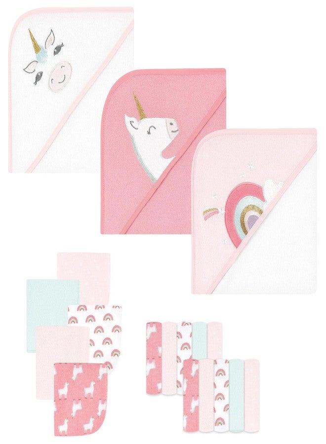 Hudson Baby Unisex Baby Animal Hooded Towel 3pk and 15 Washcloths, Unicorn, One Size - Image 1