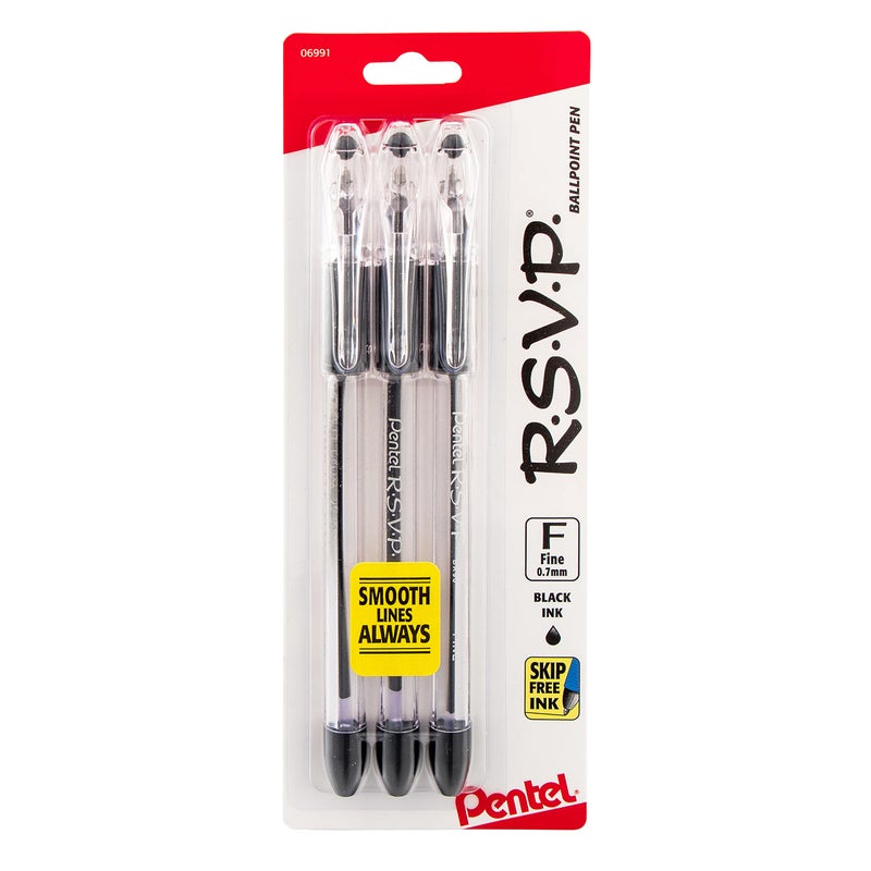 Pentel قلم حبر جاف بنتل R.S.V.P.، خط رفيع، حبر أسود، عبوة 3 (BK90BP3A) - Image 1