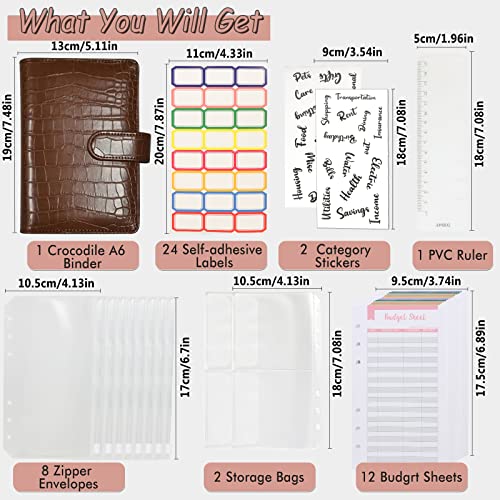 eleger Budget Binder with Zipper Envelopes - Crocodile Pattern Leather Money Organizer, Cash Saving Book Budgeting Planner, Cash Stuffing Folder Envelope System, A6 Binders with Pockets, Brown - Image 4