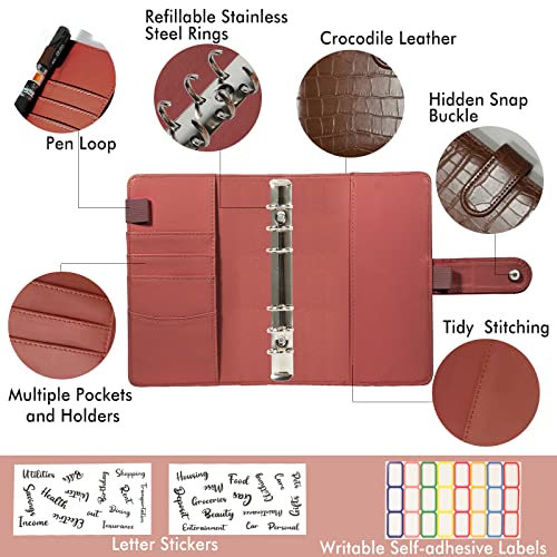 eleger Budget Binder with Zipper Envelopes - Crocodile Pattern Leather Money Organizer, Cash Saving Book Budgeting Planner, Cash Stuffing Folder Envelope System, A6 Binders with Pockets, Brown - Image 3