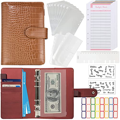 eleger Budget Binder with Zipper Envelopes - Crocodile Pattern Leather Money Organizer, Cash Saving Book Budgeting Planner, Cash Stuffing Folder Envelope System, A6 Binders with Pockets, Brown - Image 1