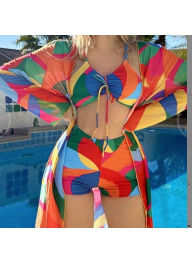 Generic European And American Color Printed Blouse Thin Translucent Three-piece Swimsuit Women's Sunscreen Beach Suit-Color:color White-Size:M - Image 2