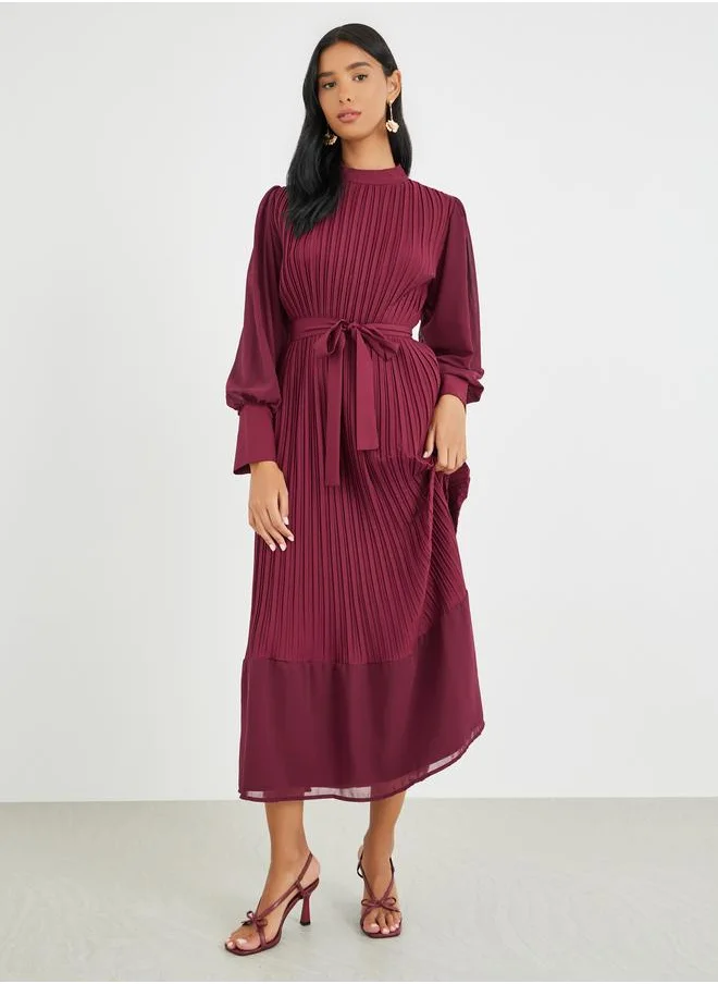 تايك تو Take Two Solid Lantern Sleeve Pleated Ruffle Hem Midi Dress