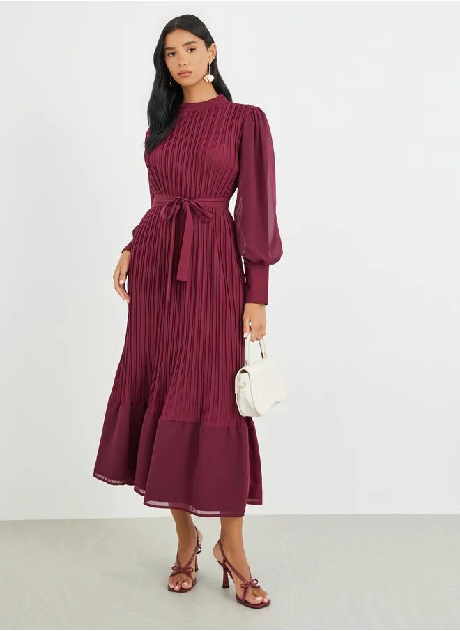 تايك تو Take Two Solid Lantern Sleeve Pleated Ruffle Hem Midi Dress