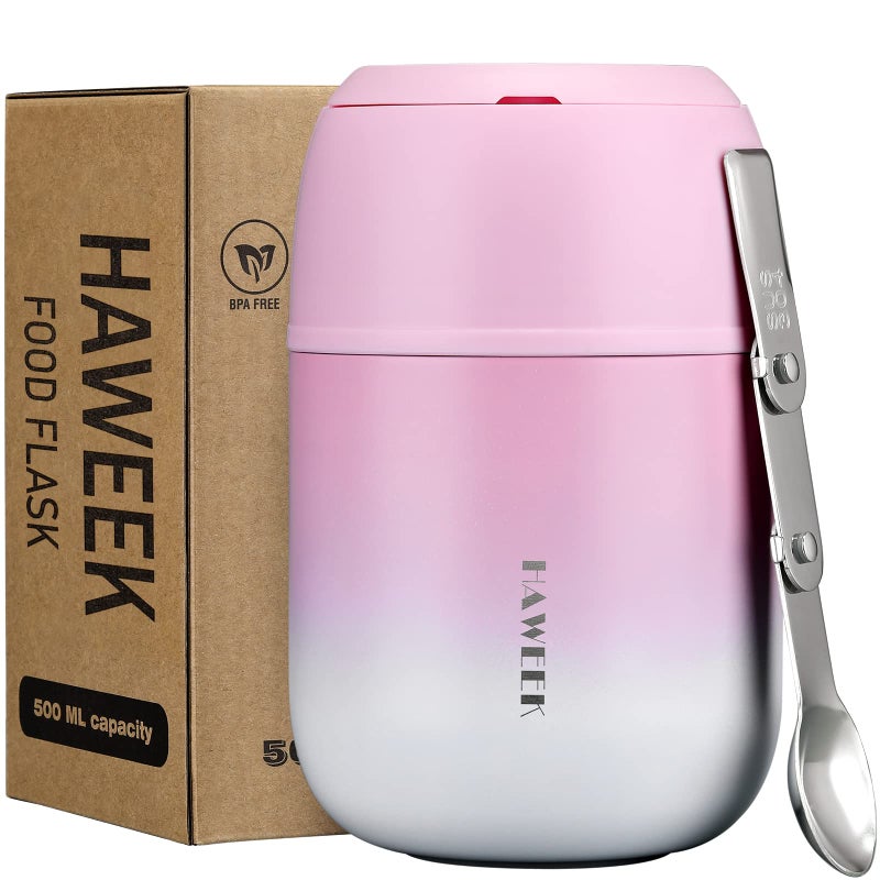 HAWEEK Insulated Soup Thermo 17oz Stainless Steel Vacuum Lunch Box for Adults Kids Leakproof Hot Food Container with Handle Folding Spoon School Office Outdoor