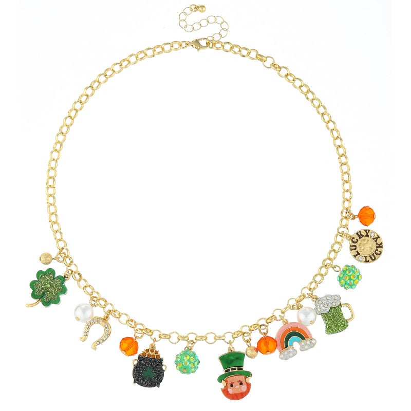 Madison Tyler St.Patrickâ€™s Day Charm Necklace for Women | Green Shamrocks Clover Bead Lucky Leprechauns Shamrocks Pots Rainbow Pendant Necklace | Irish Festival Holiday Party Favor Gifts - Image 1