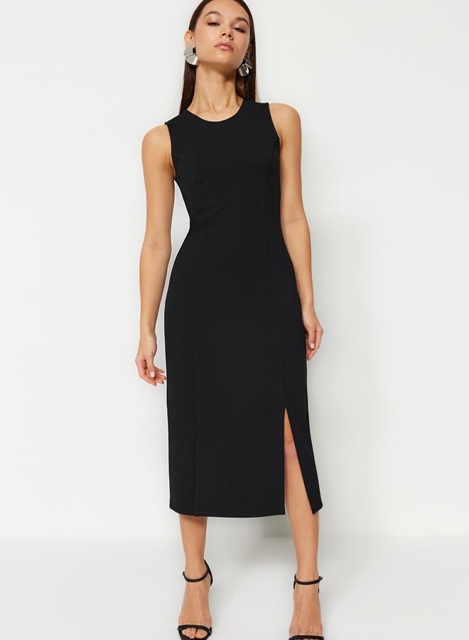 trendyol Black Zero Sleeve Slit Detailed Bodycone/Body-hugging Flexible Knitted Midi Pencil Dress - Image 3