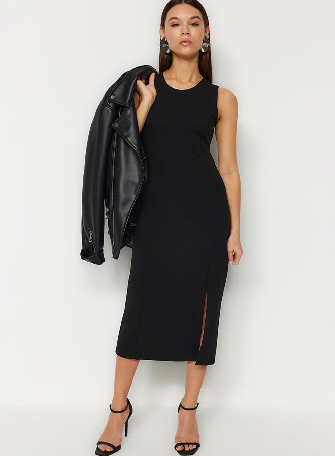 trendyol Black Zero Sleeve Slit Detailed Bodycone/Body-hugging Flexible Knitted Midi Pencil Dress - Image 1