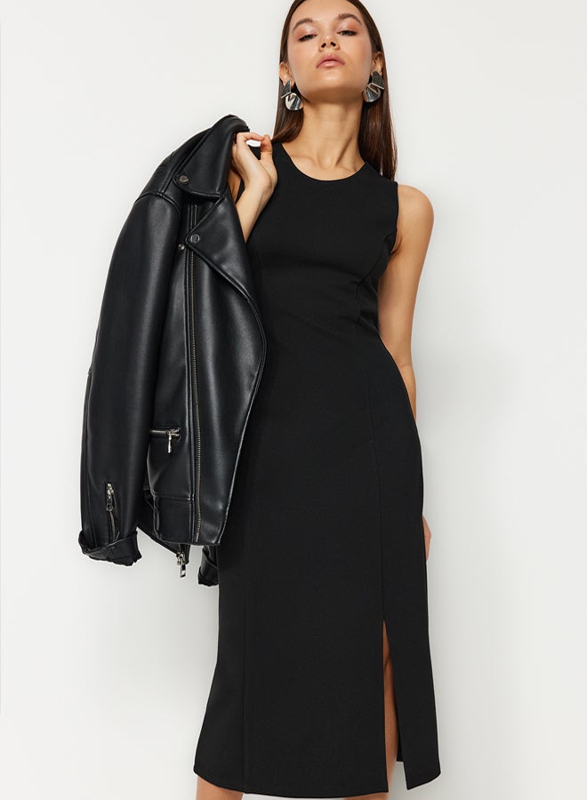 trendyol Black Zero Sleeve Slit Detailed Bodycone/Body-hugging Flexible Knitted Midi Pencil Dress - Image 2