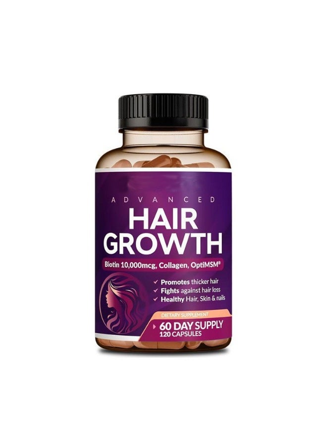 hair growth Advanced Hair Growth Supplement - 120 Capsules with Biotin 10000mcg, Collagen & MSM for Thicker Hair, Fights Hair Loss, Promotes Healthy Skin & Nails - Image 1