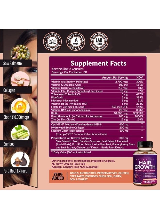 hair growth Advanced Hair Growth Supplement - 120 Capsules with Biotin 10000mcg, Collagen & MSM for Thicker Hair, Fights Hair Loss, Promotes Healthy Skin & Nails - Image 2
