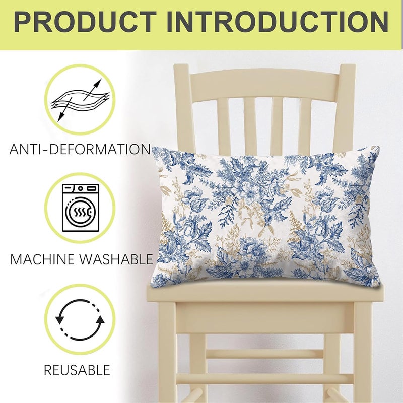 Identiy Vintage Blue and Gold Flowers Throw Pillow Cover 12x20 Inch Pack of 1, Christmas Floral Berries Decorative Pillow Case, Lumar Cushion Pillow Cover for Home Sofa Couch Indoor Outdoor - Image 4