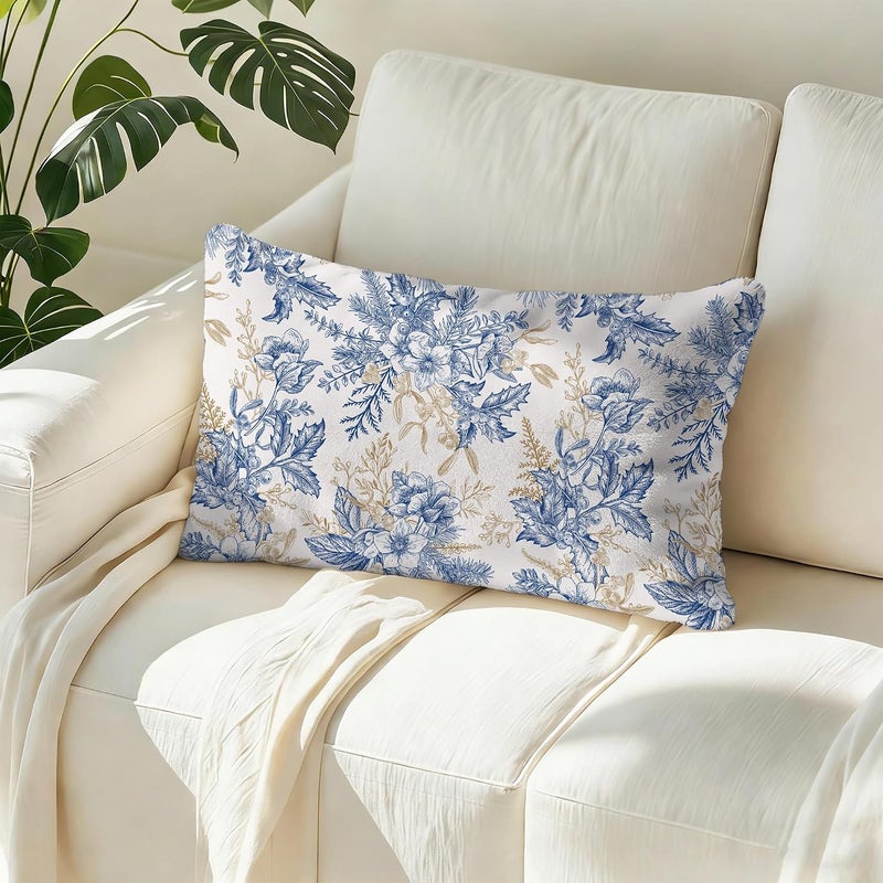 Identiy Vintage Blue and Gold Flowers Throw Pillow Cover 12x20 Inch Pack of 1, Christmas Floral Berries Decorative Pillow Case, Lumar Cushion Pillow Cover for Home Sofa Couch Indoor Outdoor - Image 5