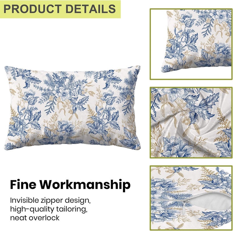 Identiy Vintage Blue and Gold Flowers Throw Pillow Cover 12x20 Inch Pack of 1, Christmas Floral Berries Decorative Pillow Case, Lumar Cushion Pillow Cover for Home Sofa Couch Indoor Outdoor - Image 3