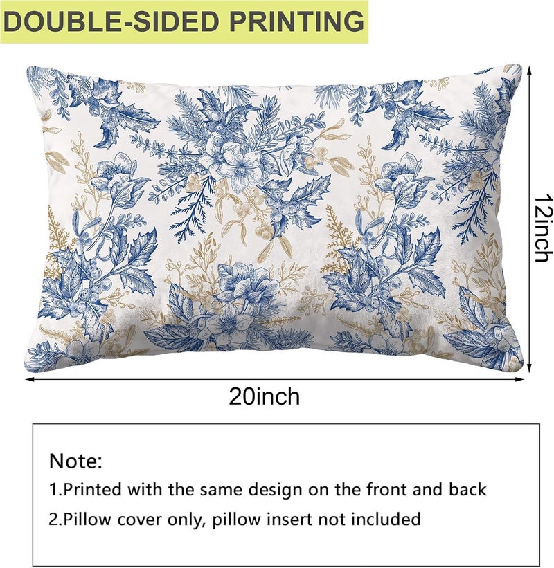Identiy Vintage Blue and Gold Flowers Throw Pillow Cover 12x20 Inch Pack of 1, Christmas Floral Berries Decorative Pillow Case, Lumar Cushion Pillow Cover for Home Sofa Couch Indoor Outdoor - Image 2