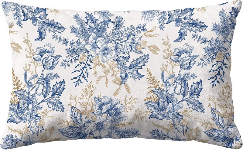 Identiy Vintage Blue and Gold Flowers Throw Pillow Cover 12x20 Inch Pack of 1, Christmas Floral Berries Decorative Pillow Case, Lumar Cushion Pillow Cover for Home Sofa Couch Indoor Outdoor - Image 1