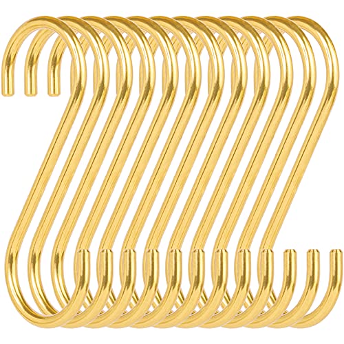 Sisims 12-Pieces 3.95" Brass S Hooks for Hanging – Heavy-Duty S-Shaped Hook for Coffee Cups Mug Coat Clothes Storage Hangers Kitchen Pot Pan Racks - Image 1