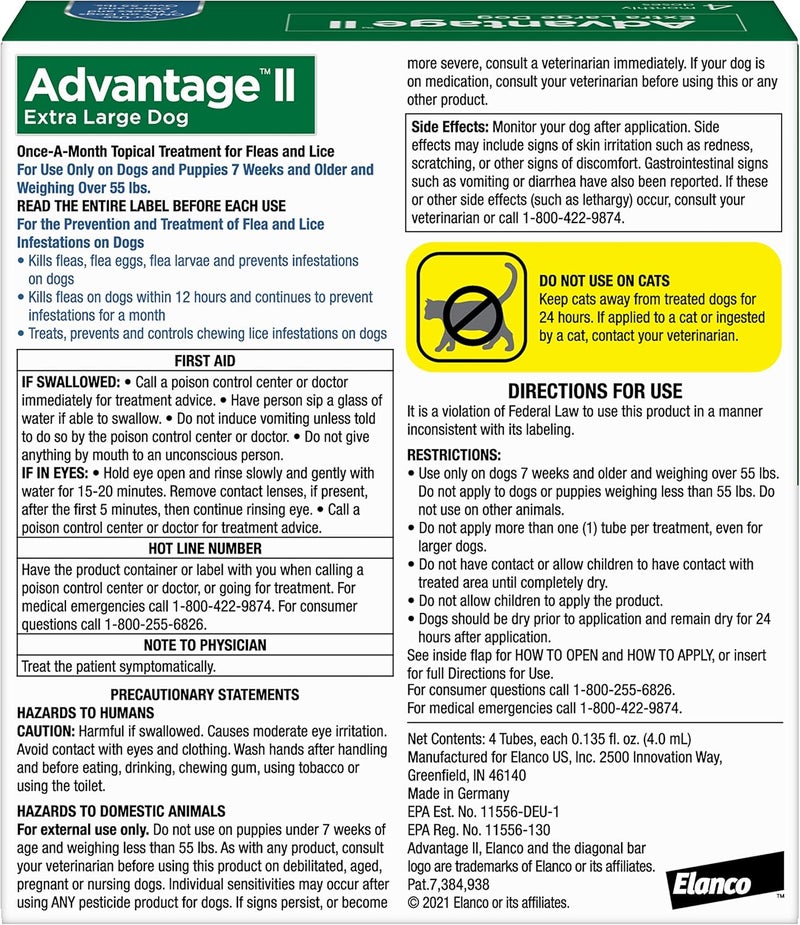 Elanco Advantage II Flea and Lice Treatment for Extra Large Dogs Over 55 lbs - 4 Monthly Doses - Image 2