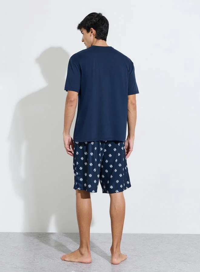 Styli  Navy Blue Football Print Short Sleeves T-Shirt and Shorts Pyjama Set for Men | Best Price UAE