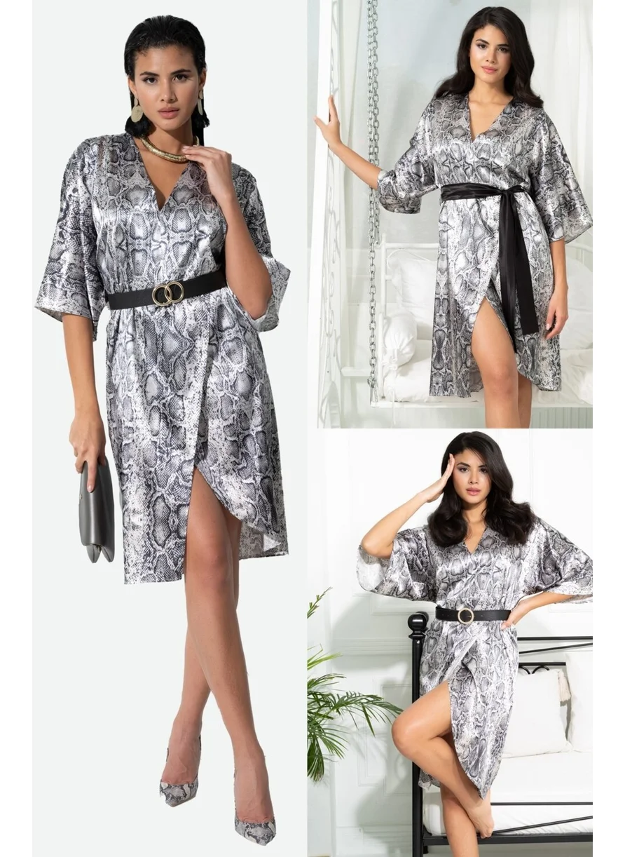 For You In&Out V-Neck Snake Pattern Belted Black Satin Dressing Gown Dress S27033