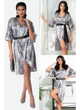 for you in&out V-Neck Snake Pattern Belted Black Satin Dressing Gown Dress S27033  - Image 1
