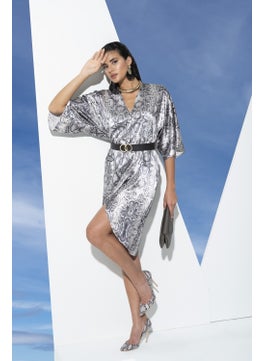 for you in&out V-Neck Snake Pattern Belted Black Satin Dressing Gown Dress S27033  - Image 3