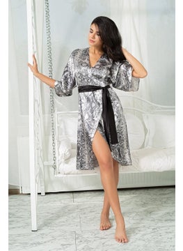 for you in&out V-Neck Snake Pattern Belted Black Satin Dressing Gown Dress S27033  - Image 5
