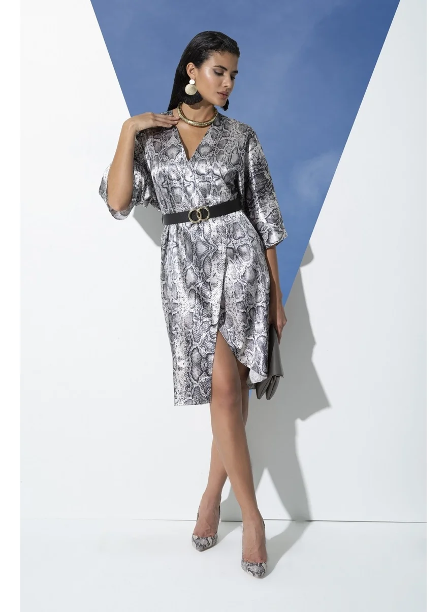 For You In&Out V-Neck Snake Pattern Belted Black Satin Dressing Gown Dress S27033