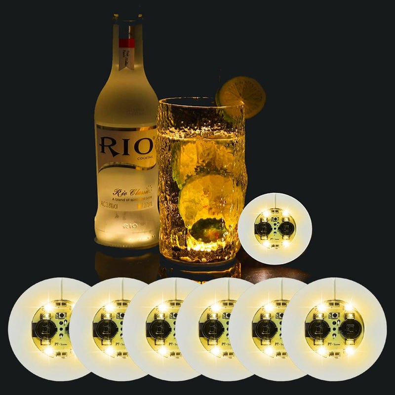 LTETTES 6 Pcs Warm White LED Coasters for Drinks,Light Led Bar Coaster Bottle Light Sticker Perfect for Party, Wedding, Bar - Image 1