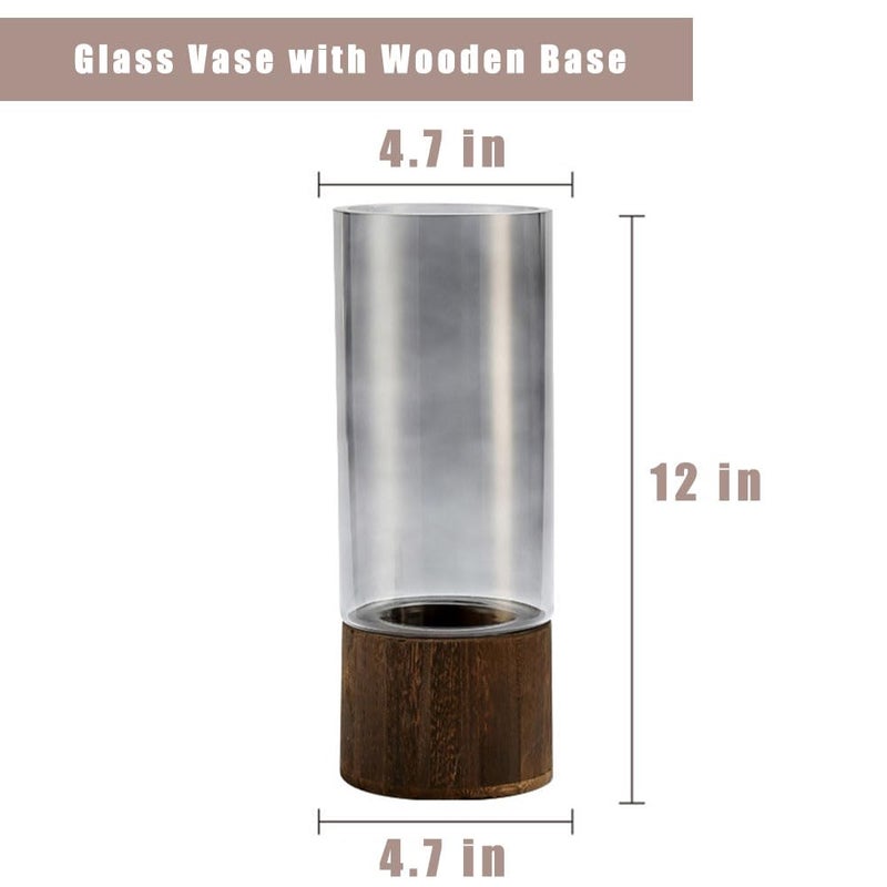 Valemoon Artistic Wood Glass Vase, 12" H, Large Wooden Base Cylindrical Flower Vase, Classic Boho Rustic Style for Fireplace Bedroom Kitchen Living Room Centerpieces Office Desk - Image 2