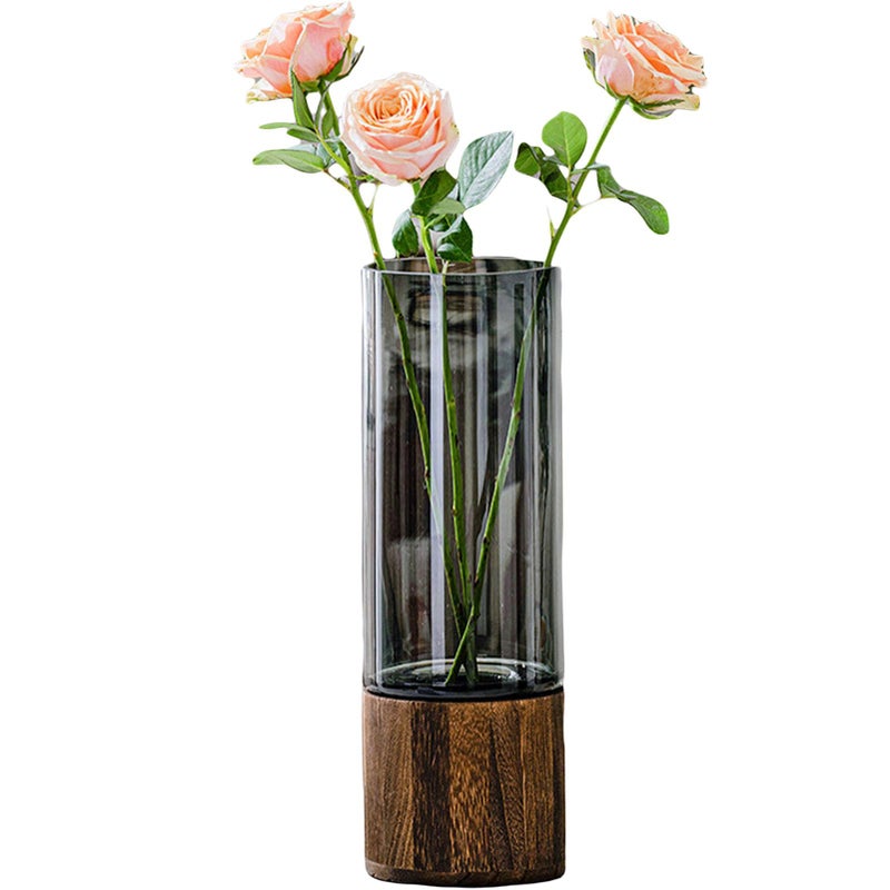 Valemoon Artistic Wood Glass Vase, 12" H, Large Wooden Base Cylindrical Flower Vase, Classic Boho Rustic Style for Fireplace Bedroom Kitchen Living Room Centerpieces Office Desk - Image 1