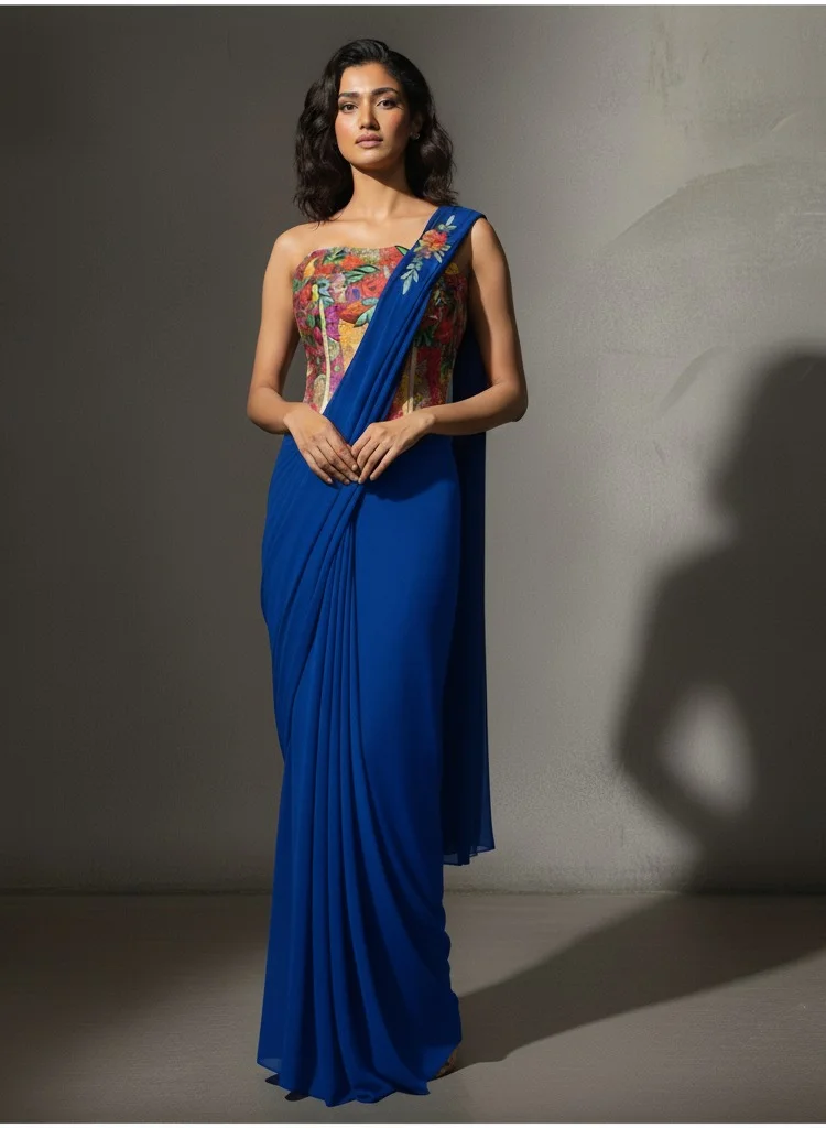 Lehar Dark Blue Embroidered Corset Saree Set