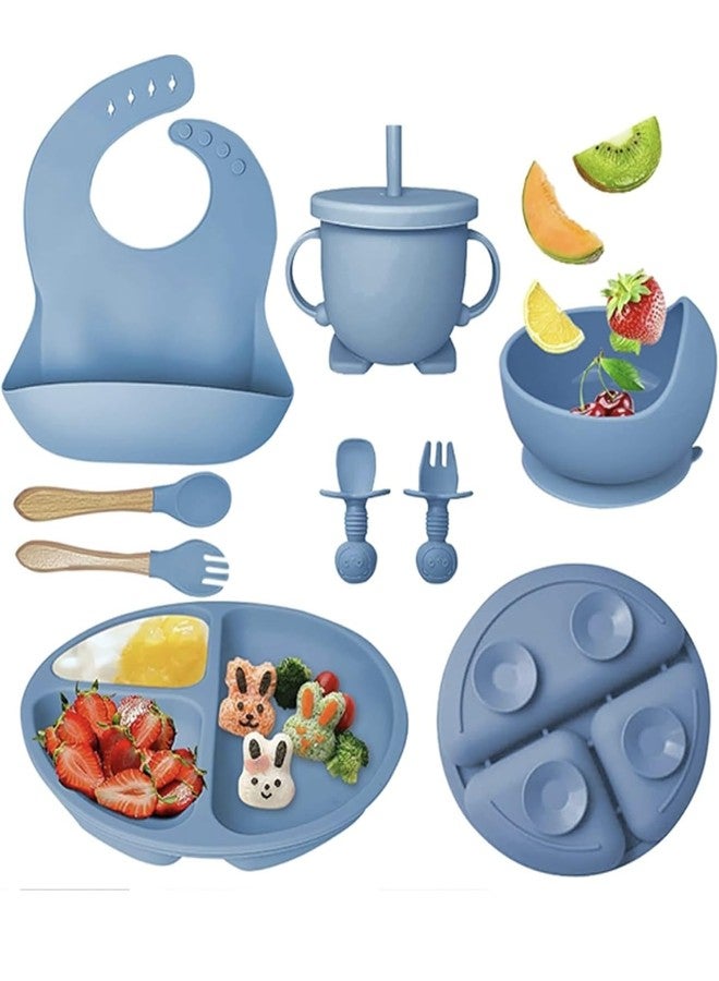 Richtots Premium Silicone Baby Feeding Set, Complete 8-Piece Baby Led Weaning Set | Baby Feeding Product,Suction Plate, Bowl,Cup, 2 Spoon, 2 Fork and Bib for Baby Sky Blue (Dark Blue) - Image 1