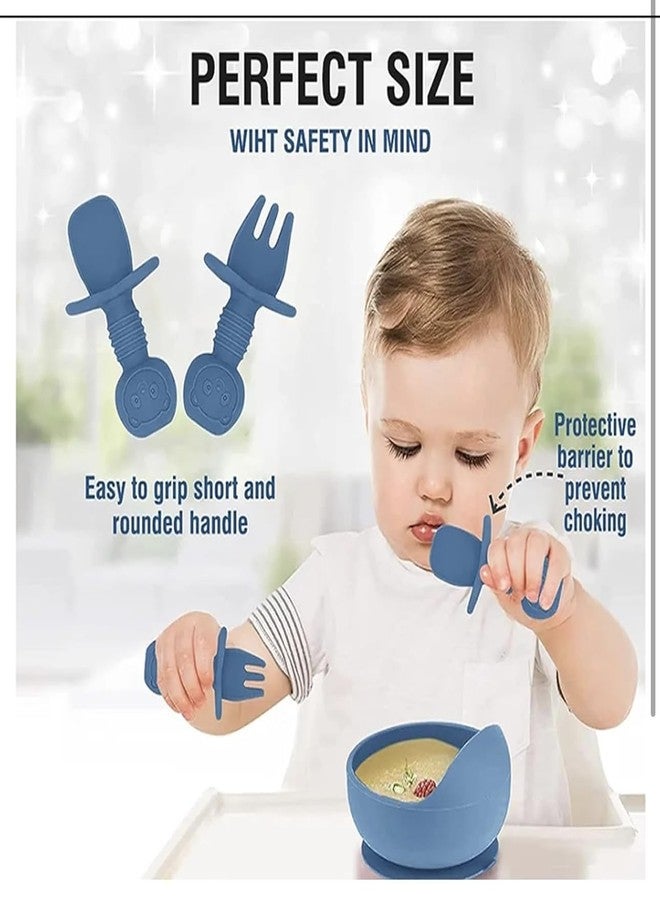 Richtots Premium Silicone Baby Feeding Set, Complete 8-Piece Baby Led Weaning Set | Baby Feeding Product,Suction Plate, Bowl,Cup, 2 Spoon, 2 Fork and Bib for Baby Sky Blue (Dark Blue) - Image 4