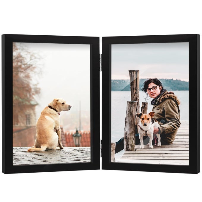 5X7 DOUBLE PICTURE FRAME WOODEN HINGED PHOTO FRAME DEFINITION GLASS STAND VERTICALLY ON DESKTOP OR TABLETOP BLACK