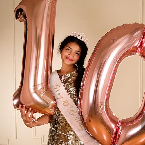 Semato Rose Gold 10th Birthday Crown and Sash Kit for Girls - Glamorous Rhinestone Tiara and Glitter Sash with Pearl Pin - Image 4