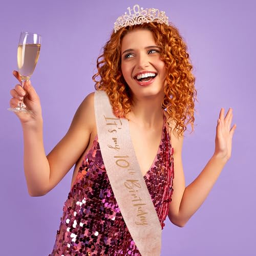 Semato Rose Gold 10th Birthday Crown and Sash Kit for Girls - Glamorous Rhinestone Tiara and Glitter Sash with Pearl Pin - Image 5