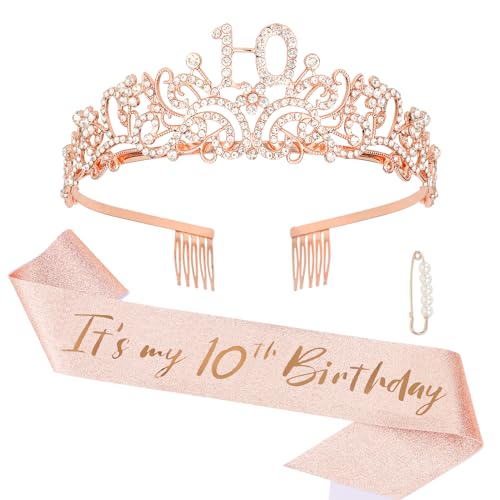 Semato Rose Gold 10th Birthday Crown and Sash Kit for Girls - Glamorous Rhinestone Tiara and Glitter Sash with Pearl Pin - Image 1