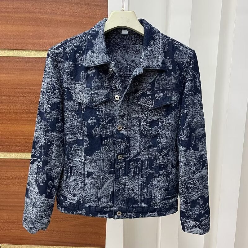 Full Print Design Sense Denim Long Sleeve Jacket Youth Lapel Cardigan Denim Coat Casual Style - Image 1
