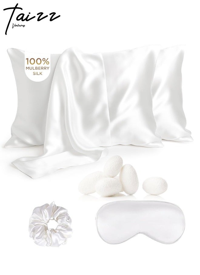 Taizz Ventures 2 Pack Mulberry Silk Pillowcases for Hair and Skin, Includes Eye Mask and Hair Tie Luxurious, Soft and Skin-Friendly, Pure White - Queen Size 30x20 Inch  - Image 1