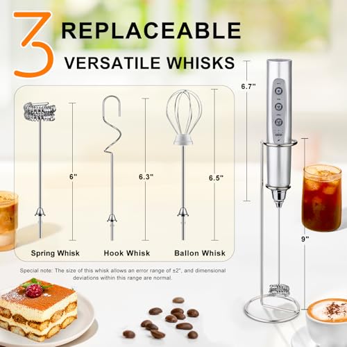 YUSWKO Silver Rechargeable Milk Frother for Coffee with Stand, Handheld Drink Mixer with 3 Heads 3 Speeds Electric Stirrers for Latte, Cappuccino, Hot Chocolate, Egg - Image 4
