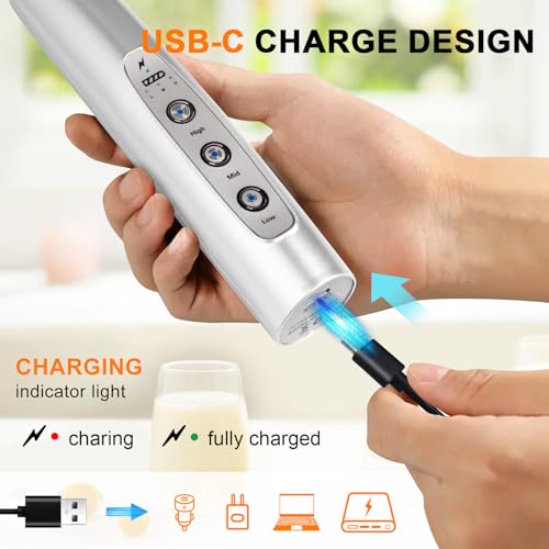 YUSWKO Silver Rechargeable Milk Frother for Coffee with Stand, Handheld Drink Mixer with 3 Heads 3 Speeds Electric Stirrers for Latte, Cappuccino, Hot Chocolate, Egg - Image 2