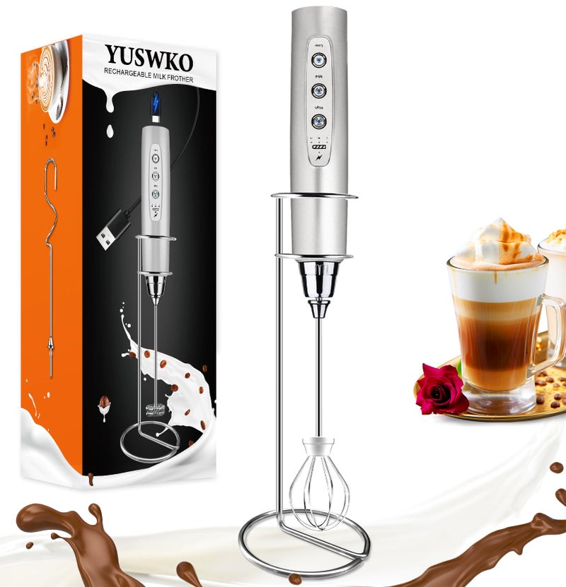 YUSWKO Silver Rechargeable Milk Frother for Coffee with Stand, Handheld Drink Mixer with 3 Heads 3 Speeds Electric Stirrers for Latte, Cappuccino, Hot Chocolate, Egg - Image 1