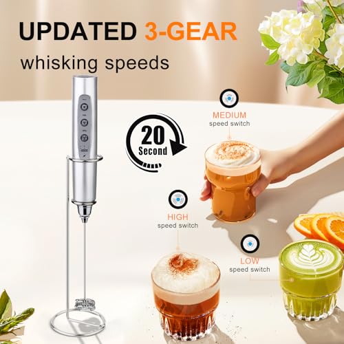 YUSWKO Silver Rechargeable Milk Frother for Coffee with Stand, Handheld Drink Mixer with 3 Heads 3 Speeds Electric Stirrers for Latte, Cappuccino, Hot Chocolate, Egg - Image 3
