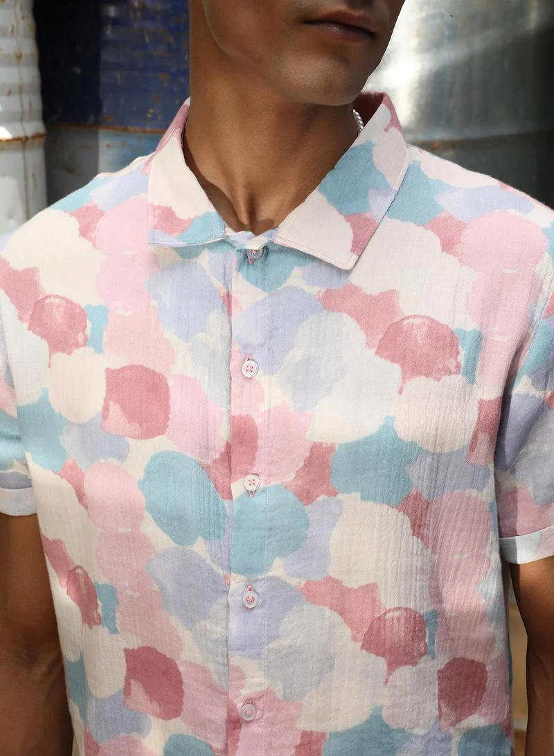 Campus Sutra Men's Blush Pink & Light Blue Artistic Abstract Shirt